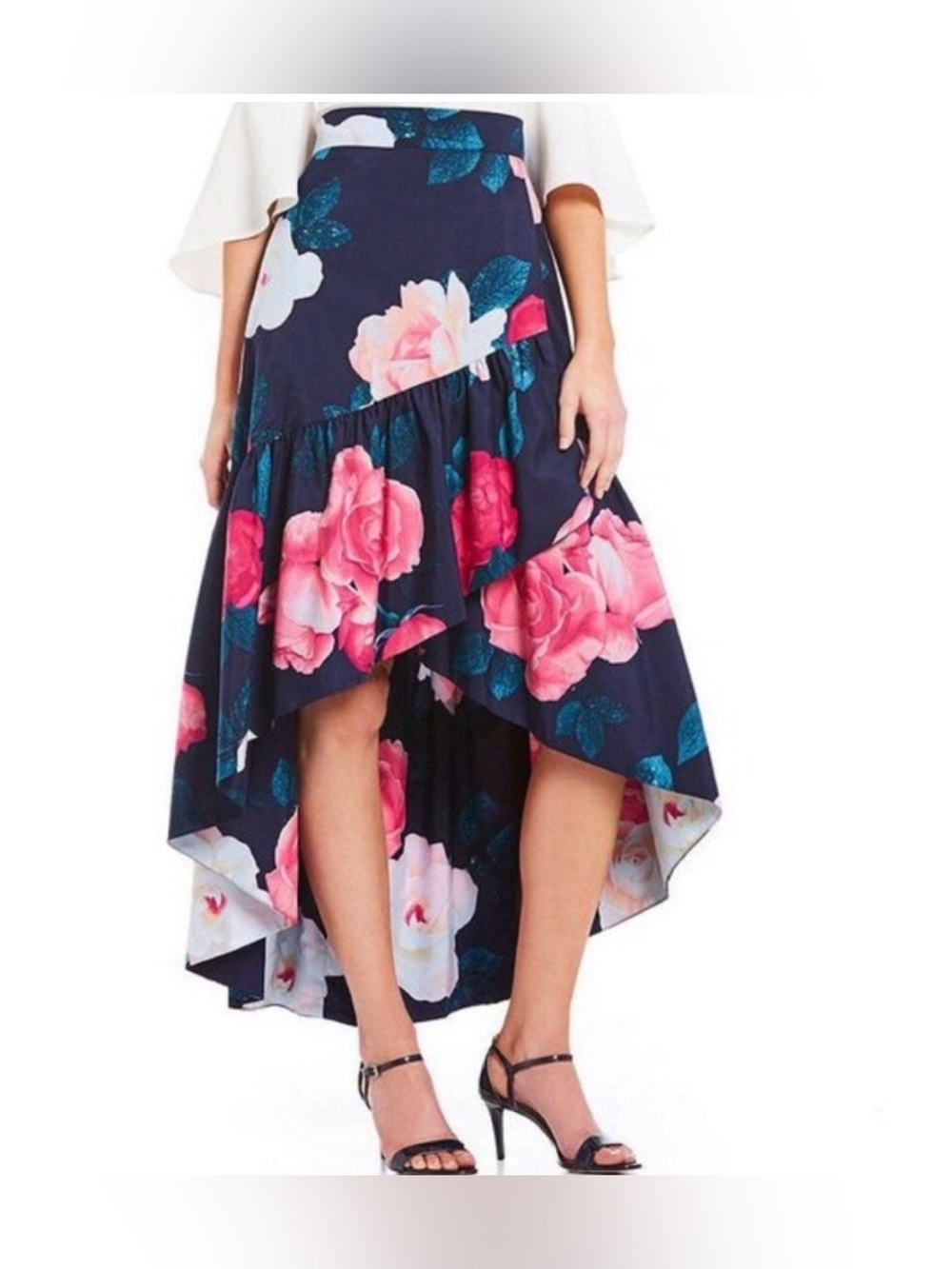 Eliza J Navy Ruffle High-Low Skirt with Pink & White Floral Print Elegant
